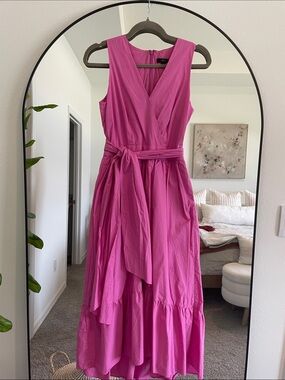 J. Crew Fuchsia Sleeveless V-Neck Midi Dress with Waist Tie